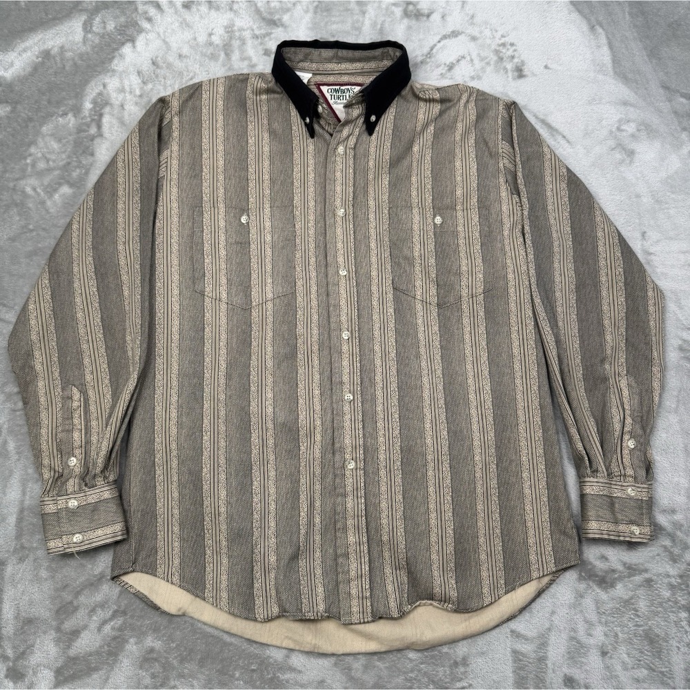 Vintage Cowboys Turtle Shirt Mens Medium Beige Striped Long Sleeve Western 90s